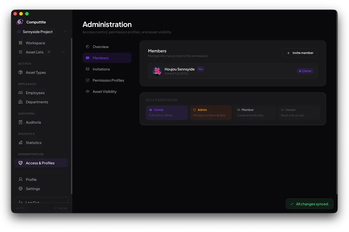Administration panel showing permission profiles with granular role toggles for each workspace member