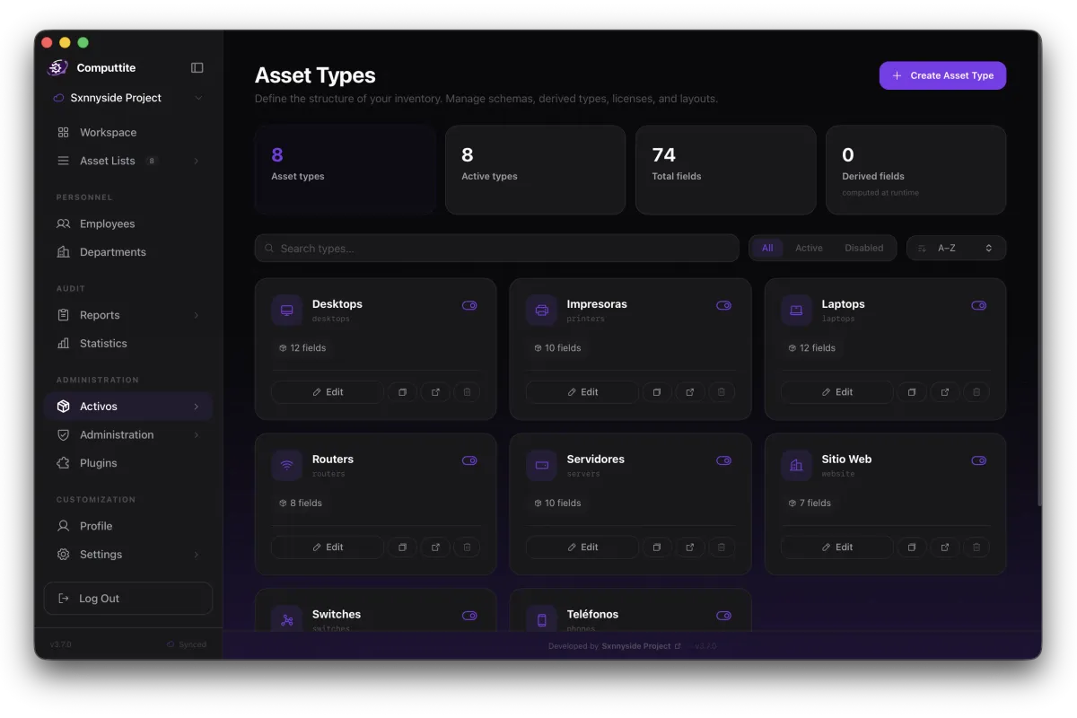 Asset detail panel showing a Laptop record with custom fields, assignment status, and warranty expiration date