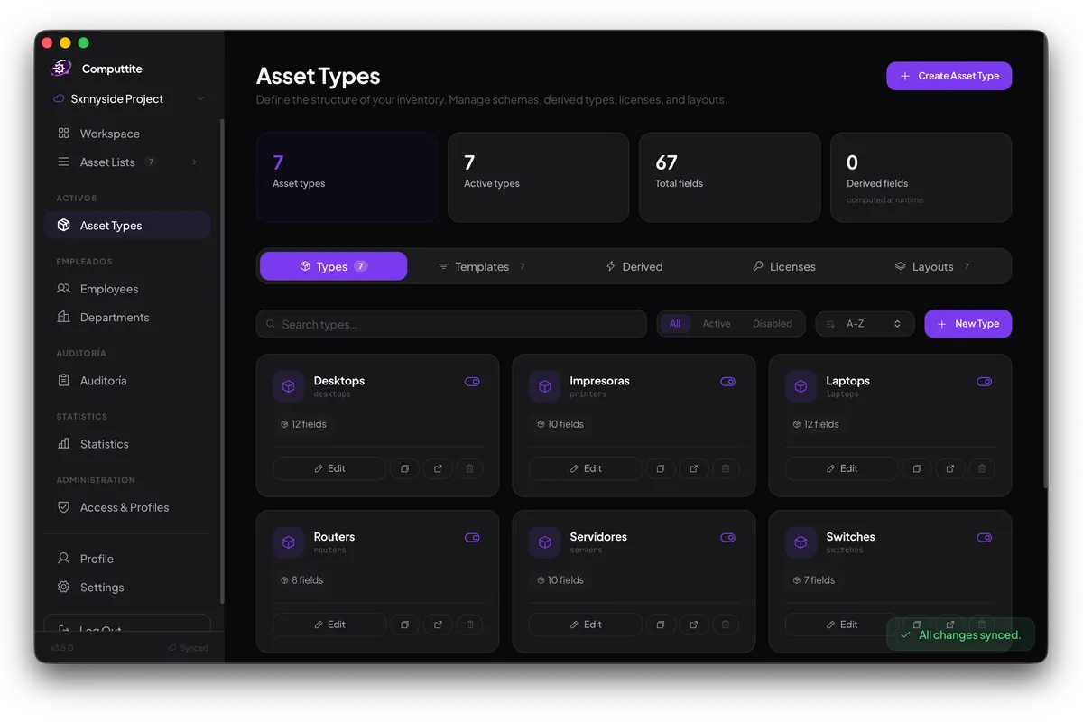 Asset detail panel showing a Laptop record with custom fields, assignment status, and warranty expiration date