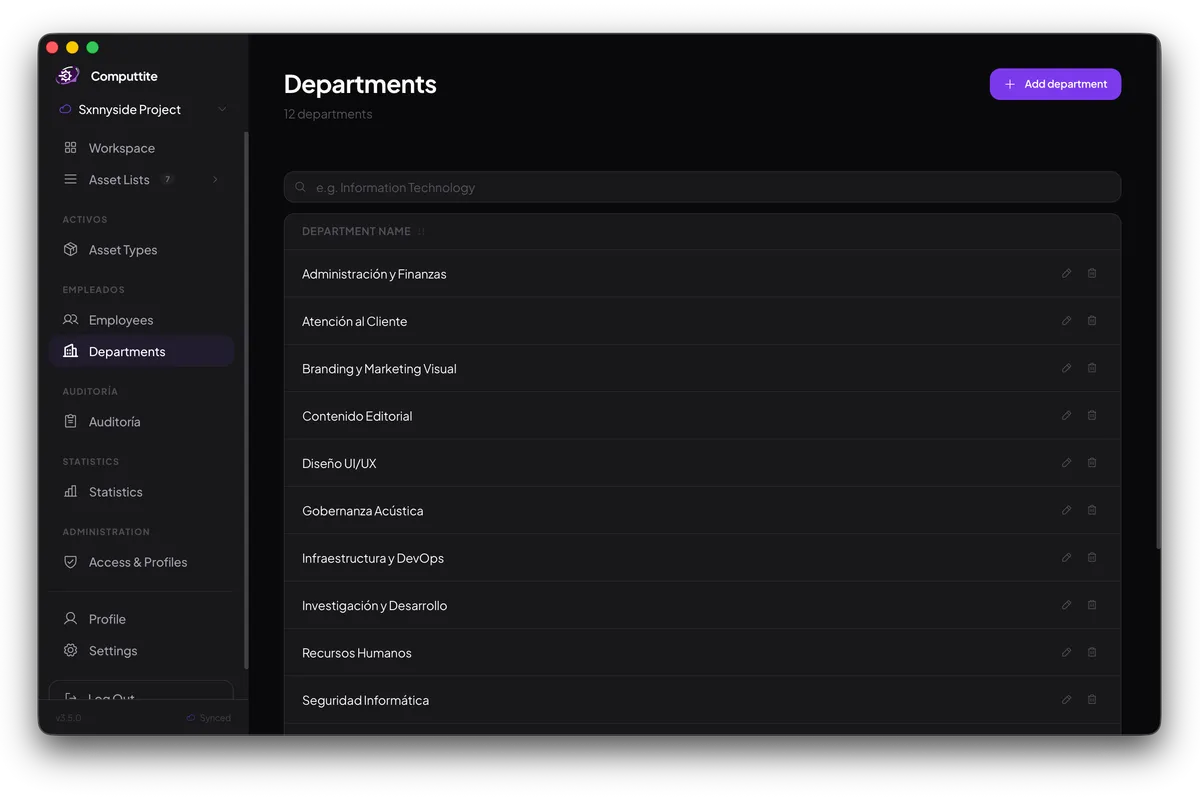Departments view listing employees grouped by department with their currently assigned assets