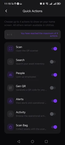 Quick Actions screen showing configurable home shortcuts