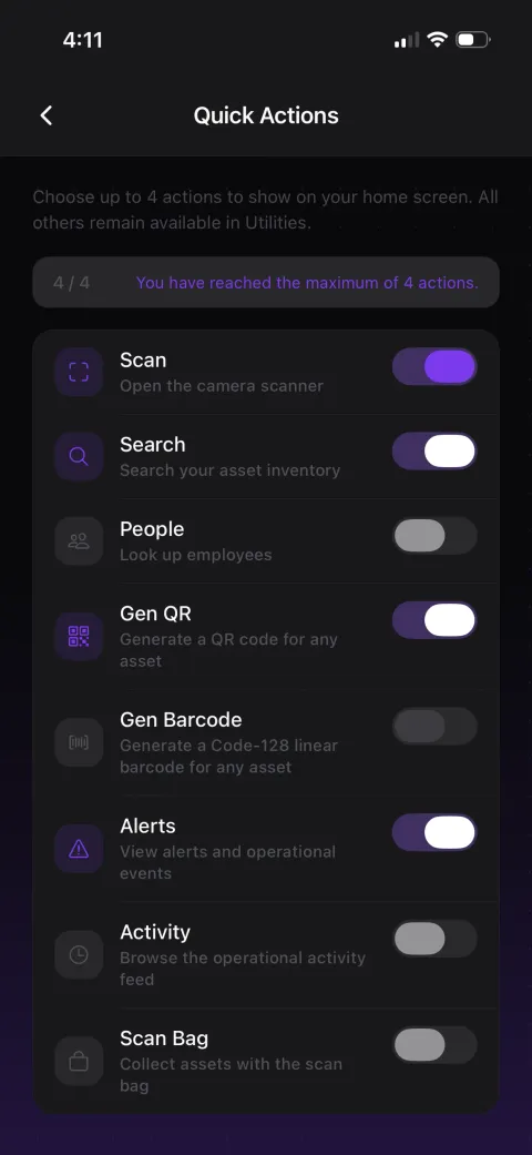 Quick Actions home screen with configurable shortcuts