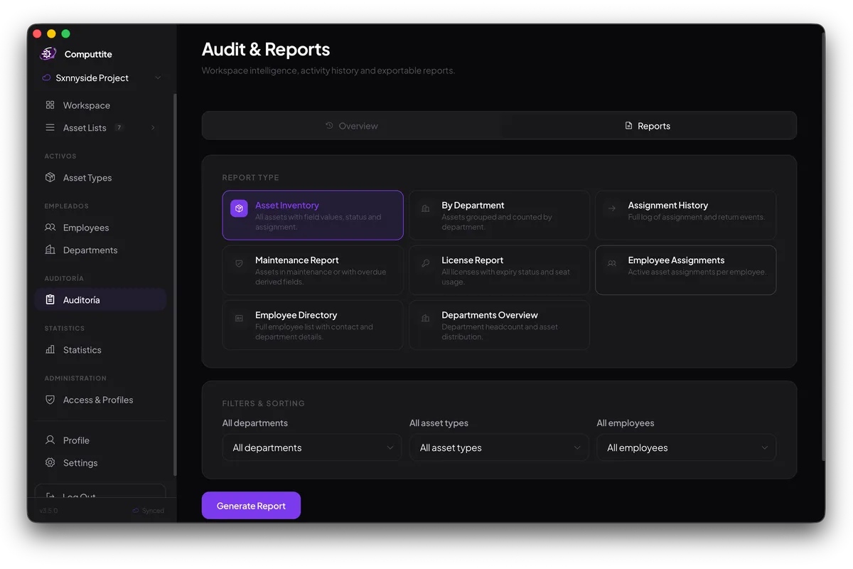 Reports section displaying a maintenance report with export options for CSV, Excel, PDF, and Markdown