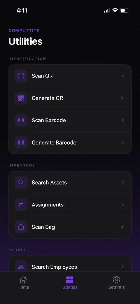 Utilities hub showing categorized scanning, search, and alert tools
