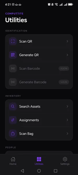 Utilities hub showing categorized tools and actions